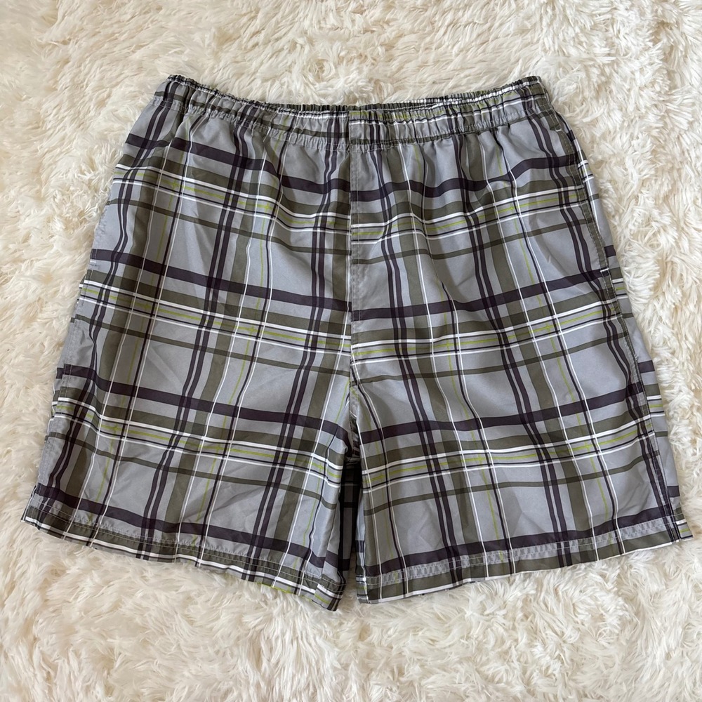 Merrill & Forbes Water Board Mens Plaid Swim Trunks Gray Green Mesh Liner Size M